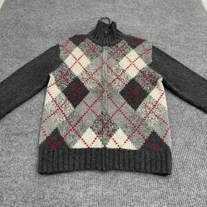 Gant Sweater Mens M Gray Lambswool Argyle Full Zip Mock Neck Preppy Style